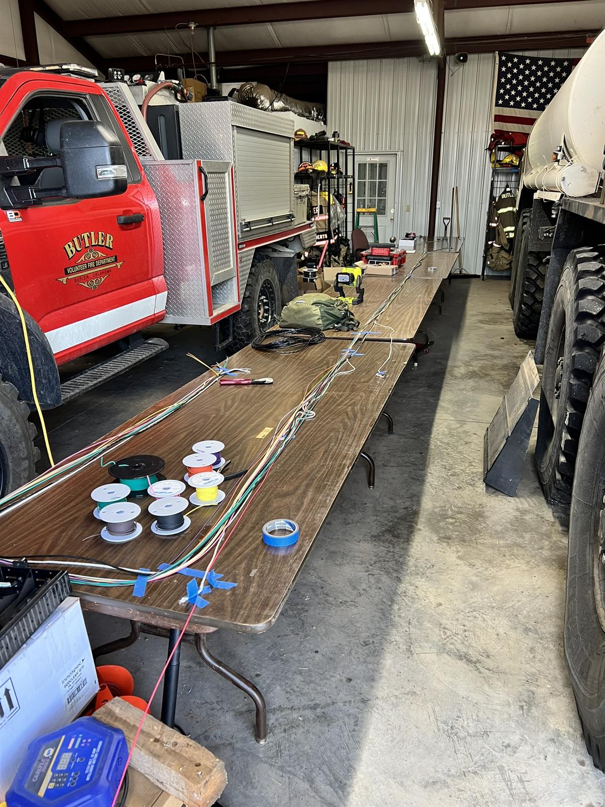Fire truck in the shop during a wiring build