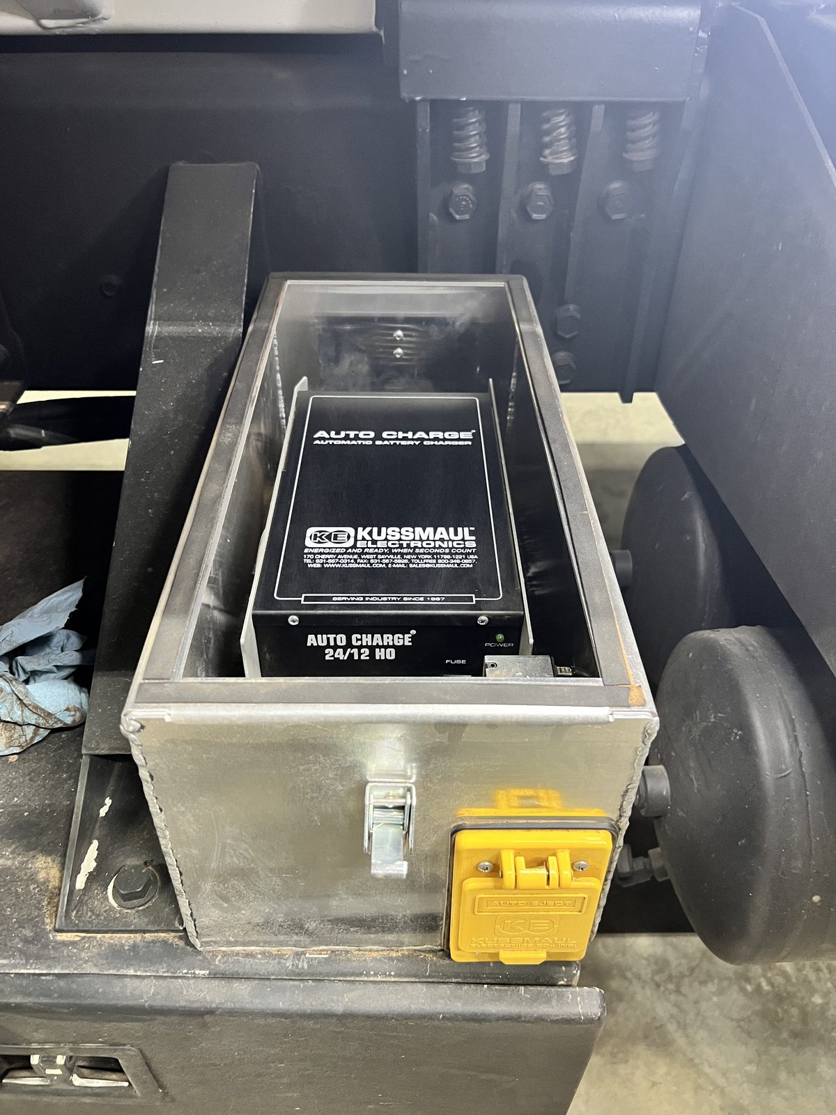 Kussmaul Auto Charge unit mounted in a fabricated stainless enclosure with shore-power connector
