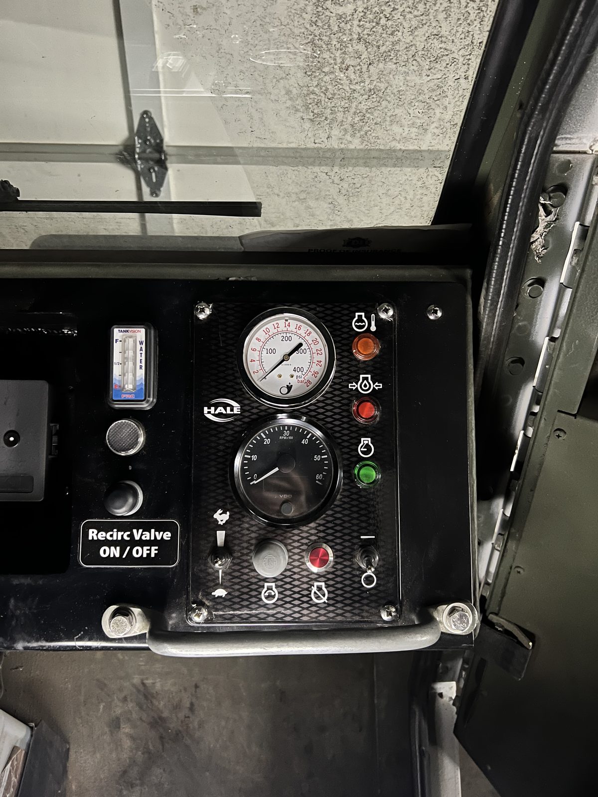 Hale pump gauges and controls mounted in the cab for easy operation