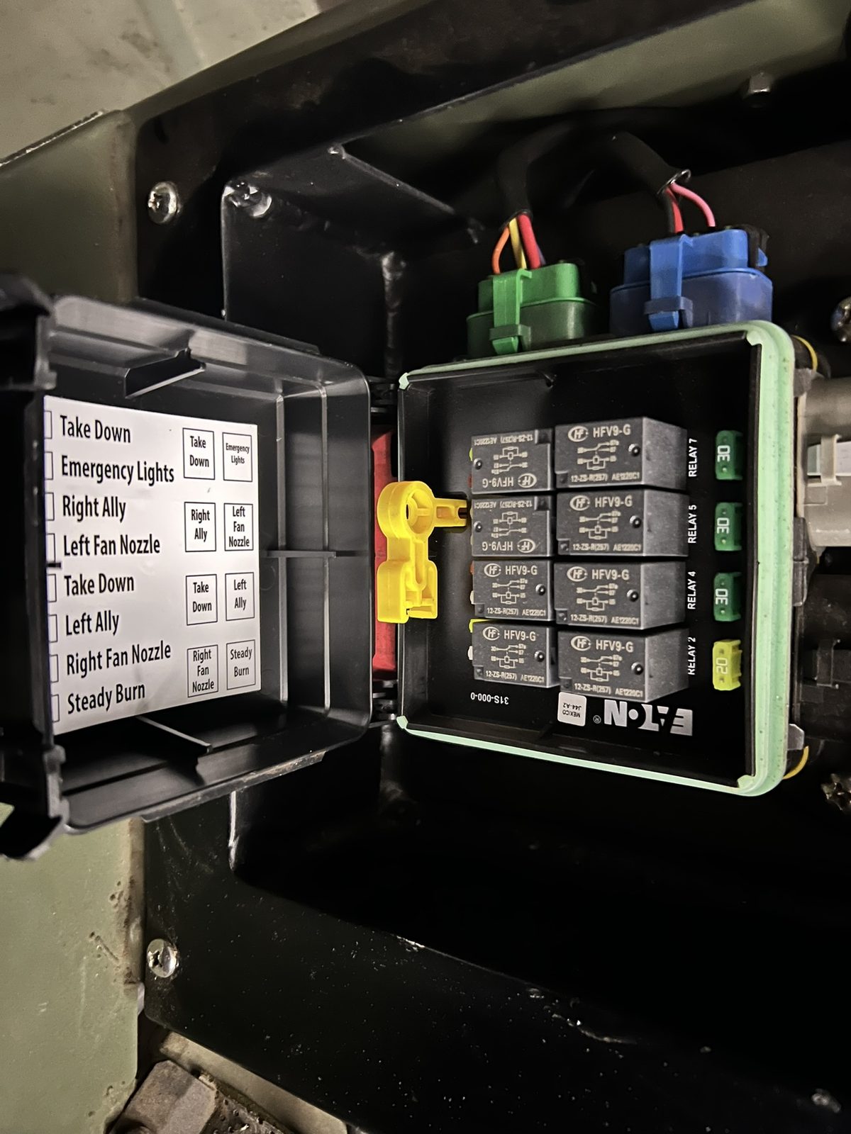 Sealed relay panel with a printed circuit legend inside the cover